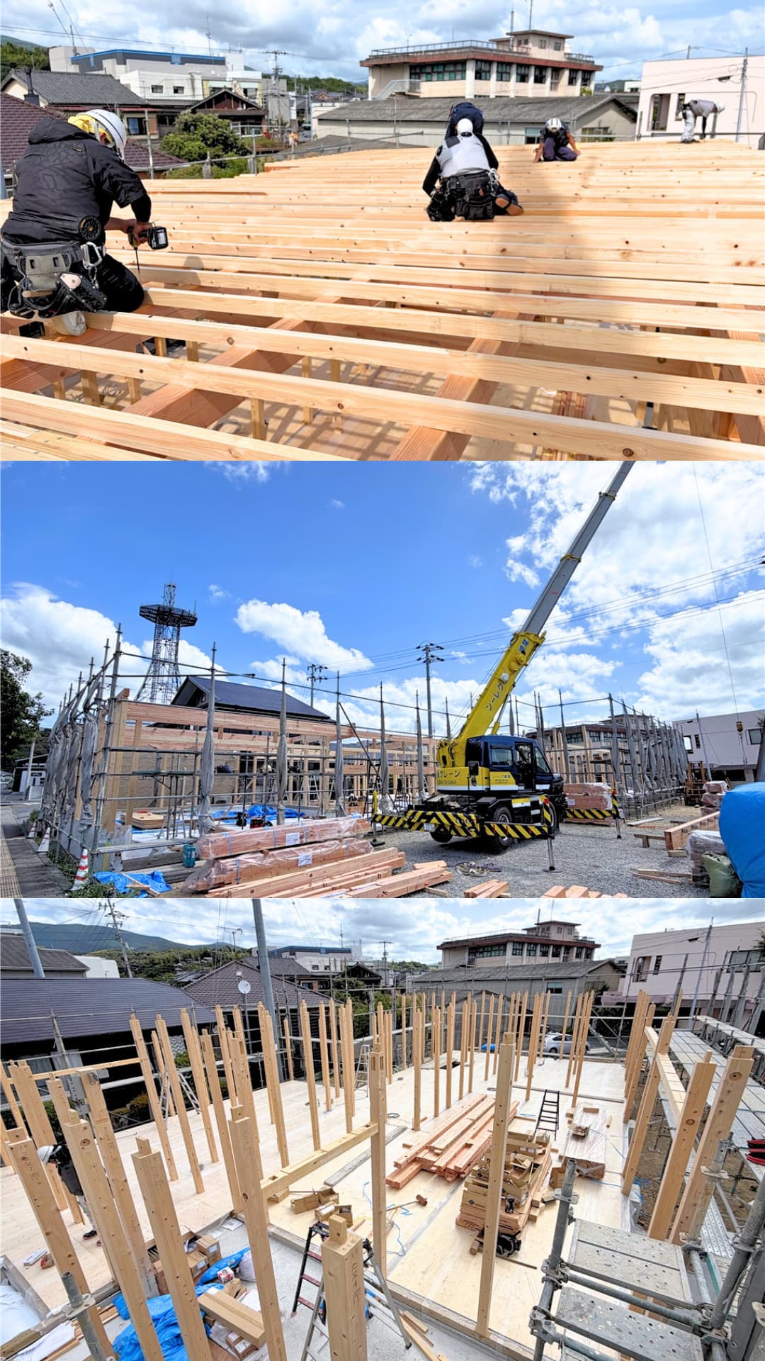 建て方は柱を建て、クレーンで梁を上げ、屋根部分を。